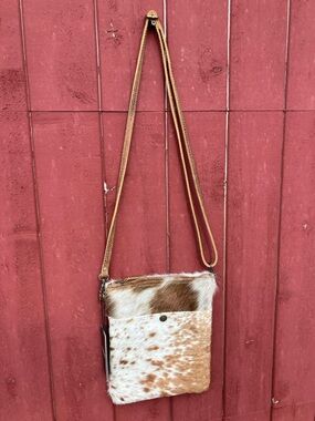 Brown & White Cowhide Crossbody Bag with Genuine Leather Accents
